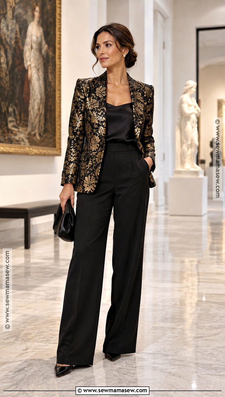Brocade Jacket And Wide Leg Trousers Fall Formal Outfit - 20 fall outfits formal