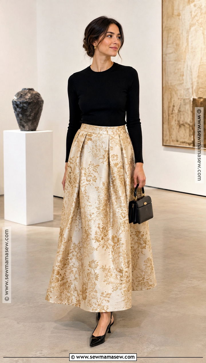 Brocade Maxi Skirt With Simple Knit And Slingback Shoes - 20 maxi skirt autumn outfit ideas