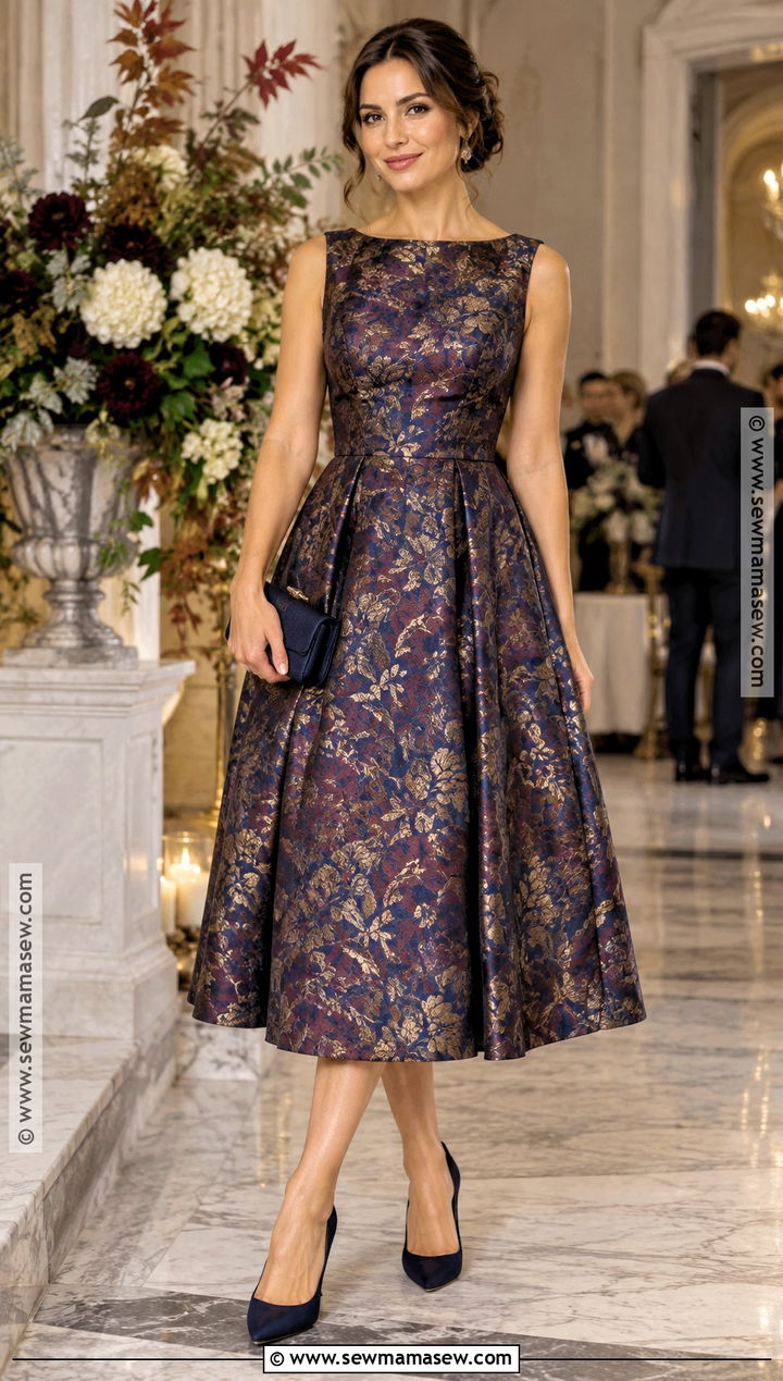 Brocade Midi Dress Fall Wedding Guest Outfit - 20 fall wedding guest attire ideas