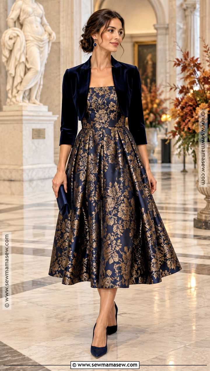 Brocade Midi Dress Fall Wedding Outfit - 25 fall wedding outfits