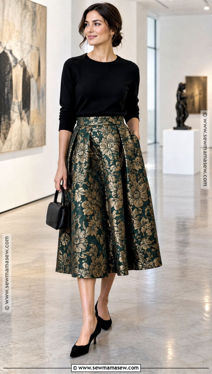 Brocade Midi Skirt Autumn Outfit - 25 autumn skirt outfit ideas