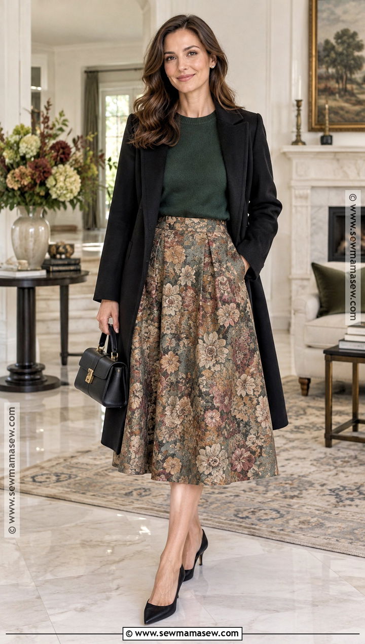 Brocade Midi Skirt With Crewneck Sweater And Kitten Heels - 20 skirt for fall ideas