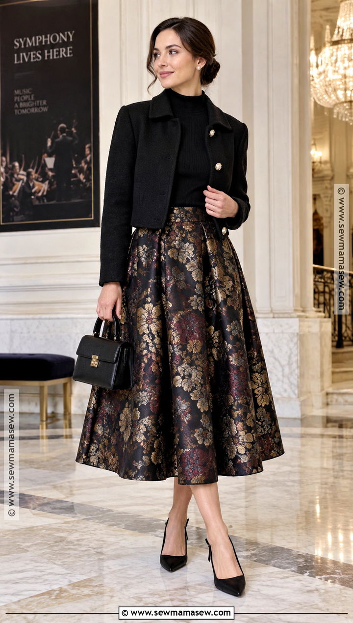 Brocade Midi Skirt With Fine Knit Sweater And Heels - 30 fall skirt outfits