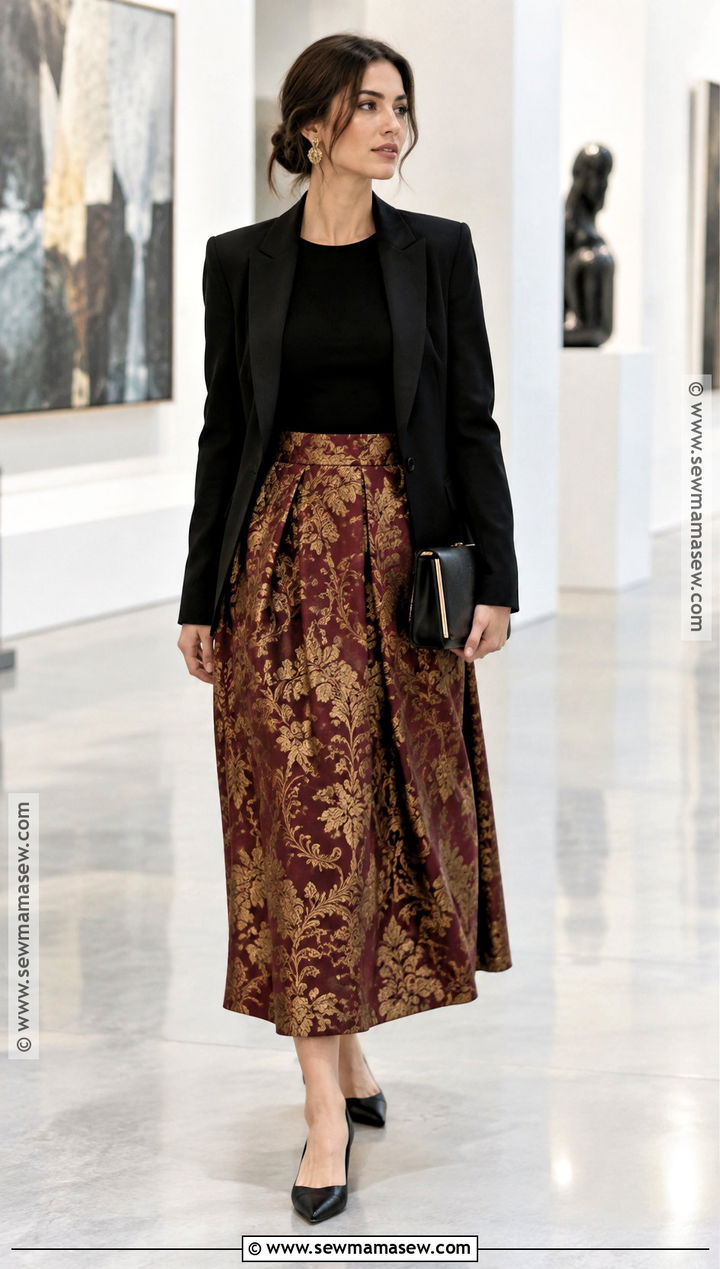 Brocade Midi Skirt With Fine Knit Top And Heels - 20 fall skirts outfits