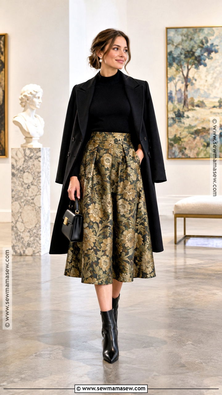 Brocade Midi Skirt With Fine Knit Top - 20 fall fashion skirts