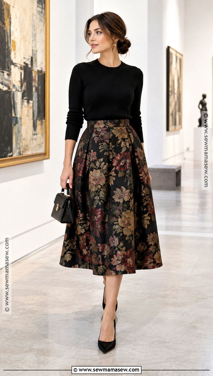 Brocade Midi Skirt With Fitted Sweater And Pumps - 25 fall outfits skirt