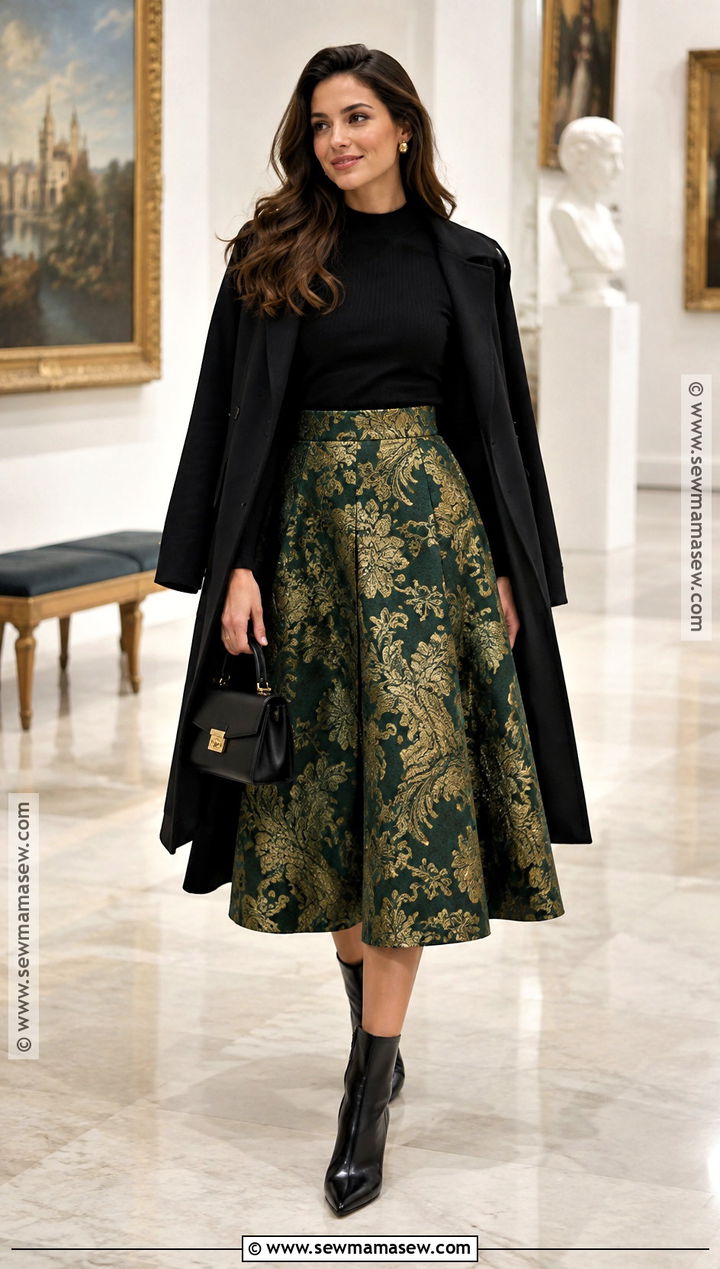 Brocade Midi Skirt With Simple Knit Top - 25 autumn outfits skirt