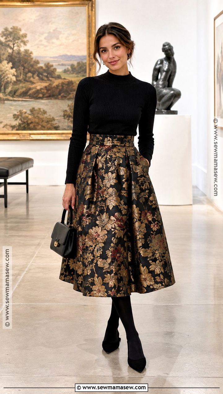 Brocade Skirt And Simple Knit Fall Outfit - 15 affordable fall fashion trends