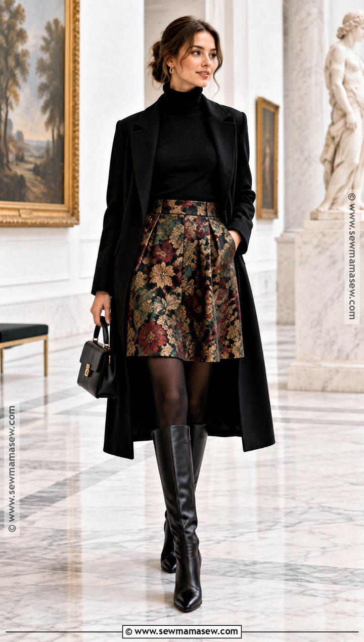 Brocade Skirt With Tights And Tall Boots - 15 fall skirt tights outfit ideas