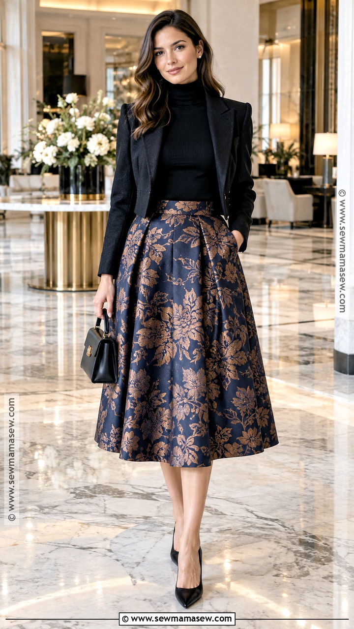 Brocade Skirt With Turtleneck And Pumps - 20 Fall Skirt Ideas