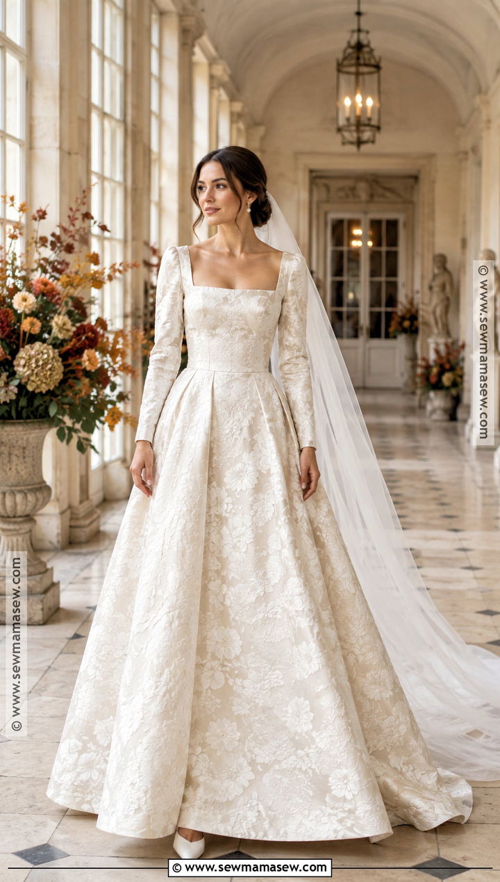 Brocade Square Neck Wedding Dress - 15 Fall Bride Wedding Dress Ideas