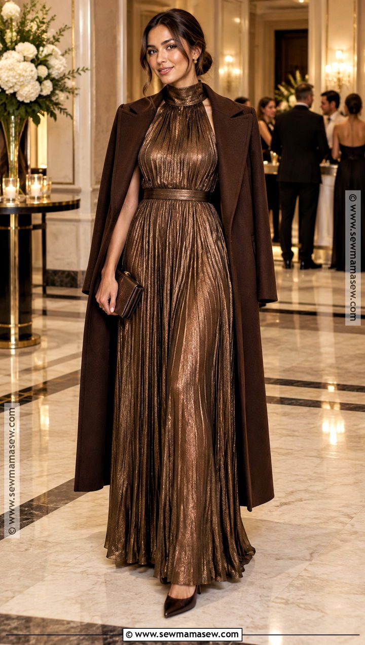 Bronze High Neck Metallic Maxi Dress - 15 fall wedding guest dress high neck ideas
