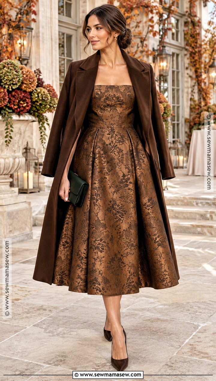 Bronze Jacquard Fall Wedding Guest Dress - 25 fall wedding guest dress october ideas