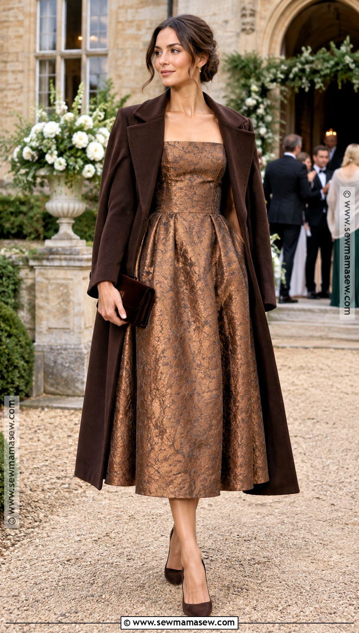 Bronze Jacquard Midi Dress Autumn Wedding Guest Outfit - 25 autumn wedding guest outfit ideas
