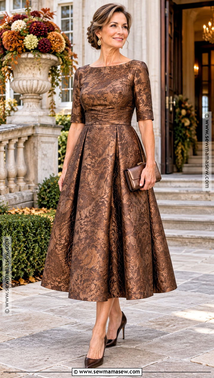Bronze Jacquard Tea Length Mother Of The Bride Dress - 15 Autumn Mother Of The Bride Dresses