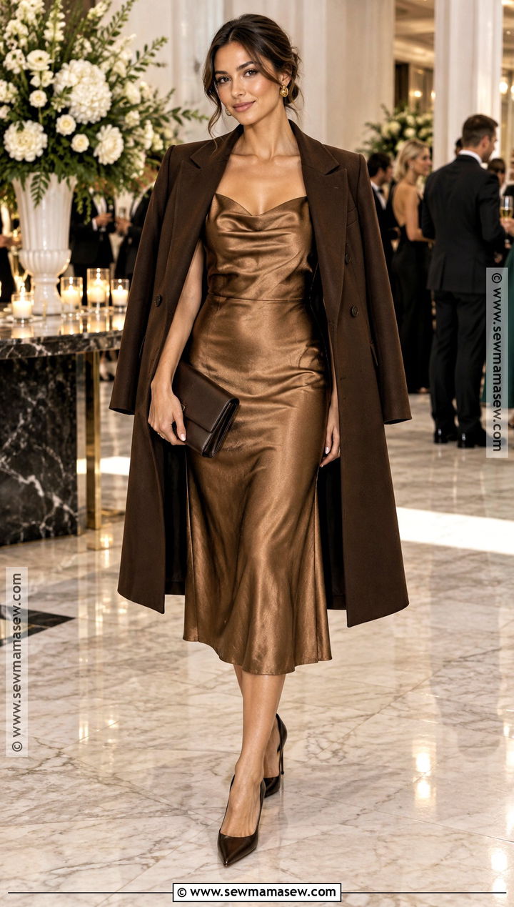 Bronze Metallic Cocktail Dress Outfit - 15 formal cocktail dress wedding guest fall ideas