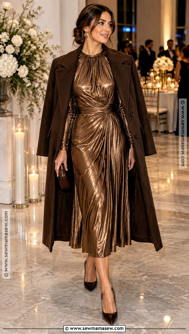 Bronze Metallic Midi Dress For A November Wedding - 25 november wedding guest outfits
