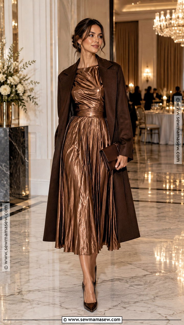 Bronze Metallic Midi October Wedding Guest Outfit - 25 october wedding guest outfits