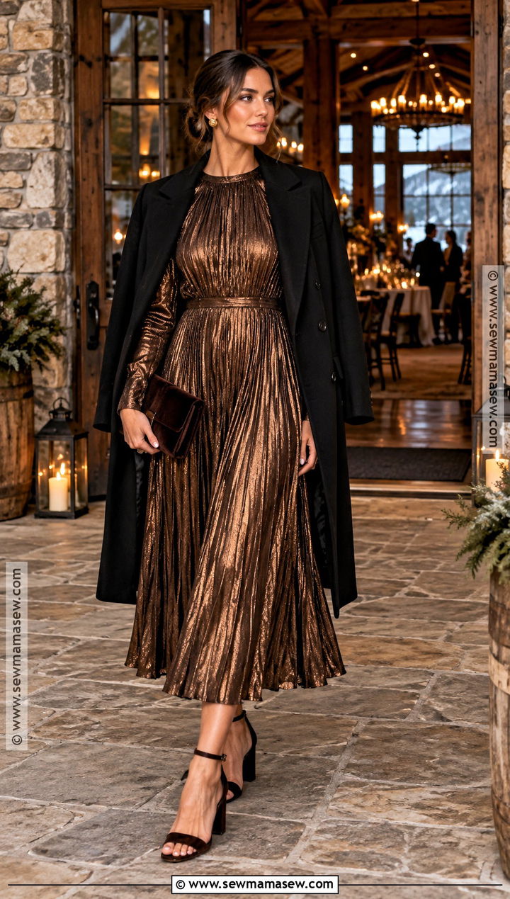 Bronze Metallic Mountain Wedding Guest Dress - 20 fall mountain wedding guest dress ideas
