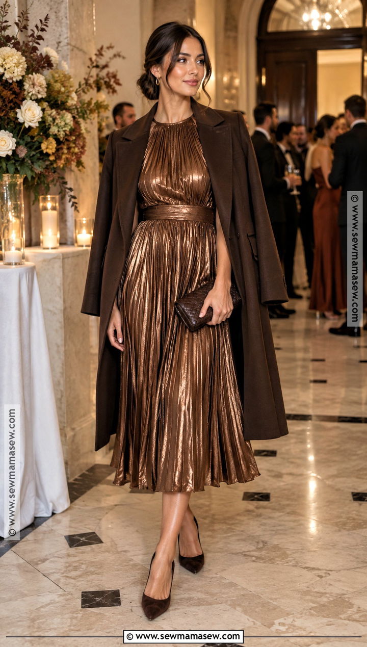 Bronze Metallic Pleated Dress Fall Wedding Guest Outfit - 30 fall wedding guest outfit ideas