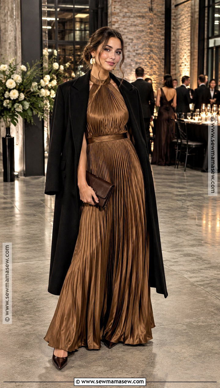 Bronze Pleated Maxi October Wedding Outfit - 15 october wedding attire ideas