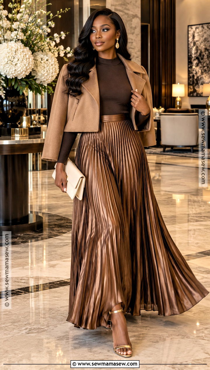 Bronze Pleated Skirt And Chocolate Top Birthday Outfit - 20 birthday outfits black women fall
