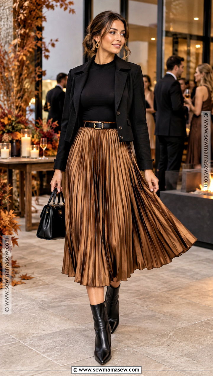Bronze Pleated Skirt Autumn Party Outfit - 25 autumn party outfit night ideas