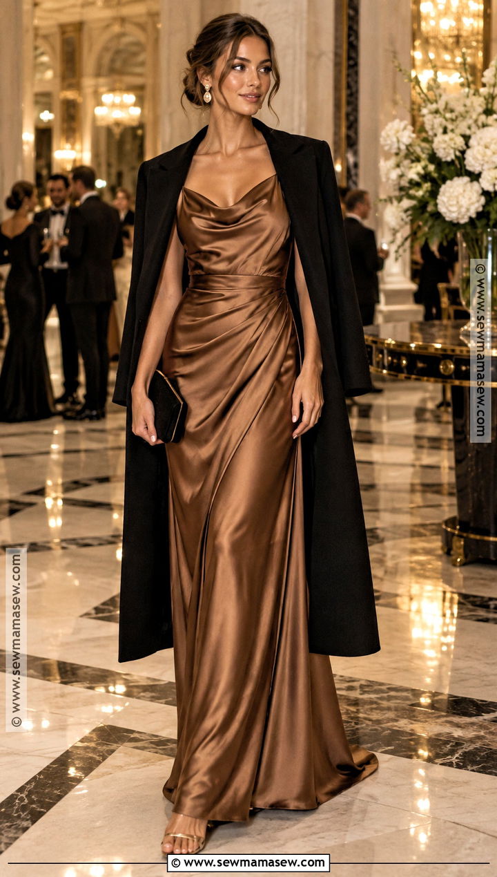 Bronze Satin Black Tie Wedding Guest Dress - 15 dress for a wedding guest fall ideas