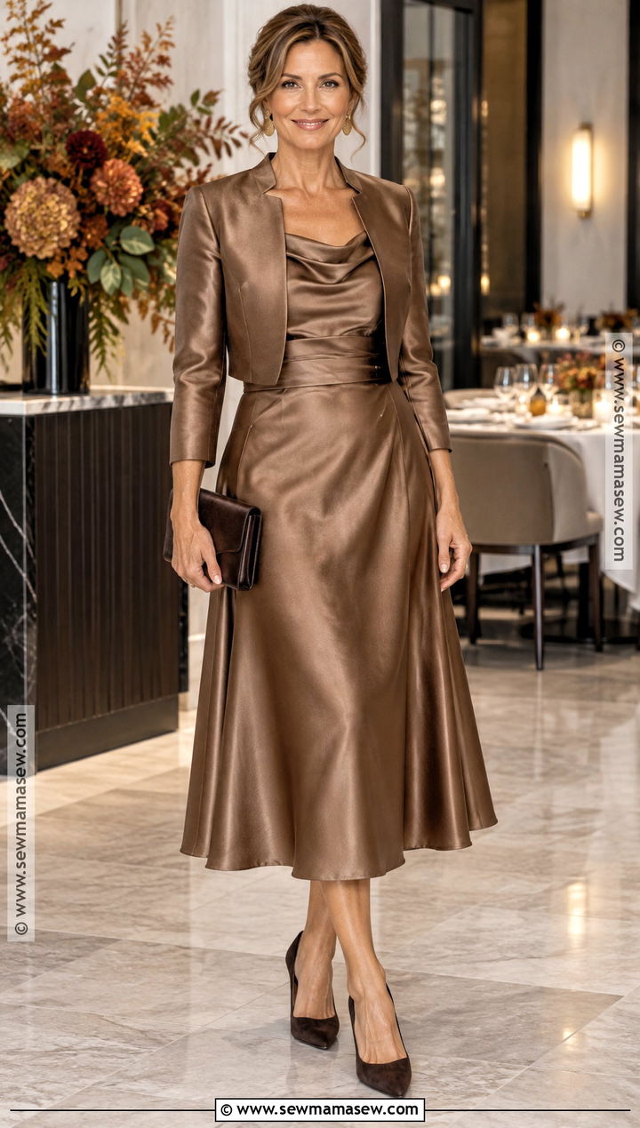 Bronze Satin Midi Mother Of The Bride Dress - 15 Mother Of The Bride Dresses For Fall Wedding