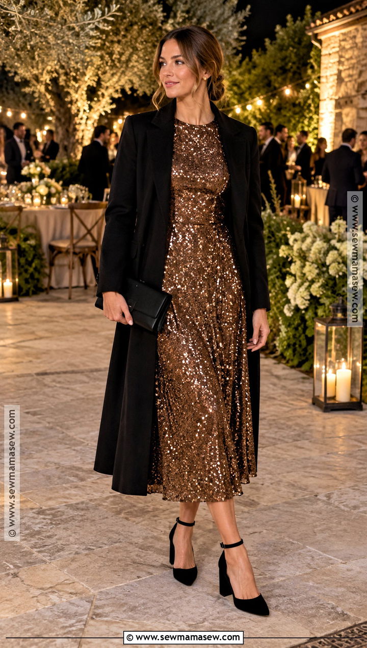Bronze Sequin Midi Fall Outdoor Wedding Guest Dress - 20 fall outdoor wedding guest dress ideas