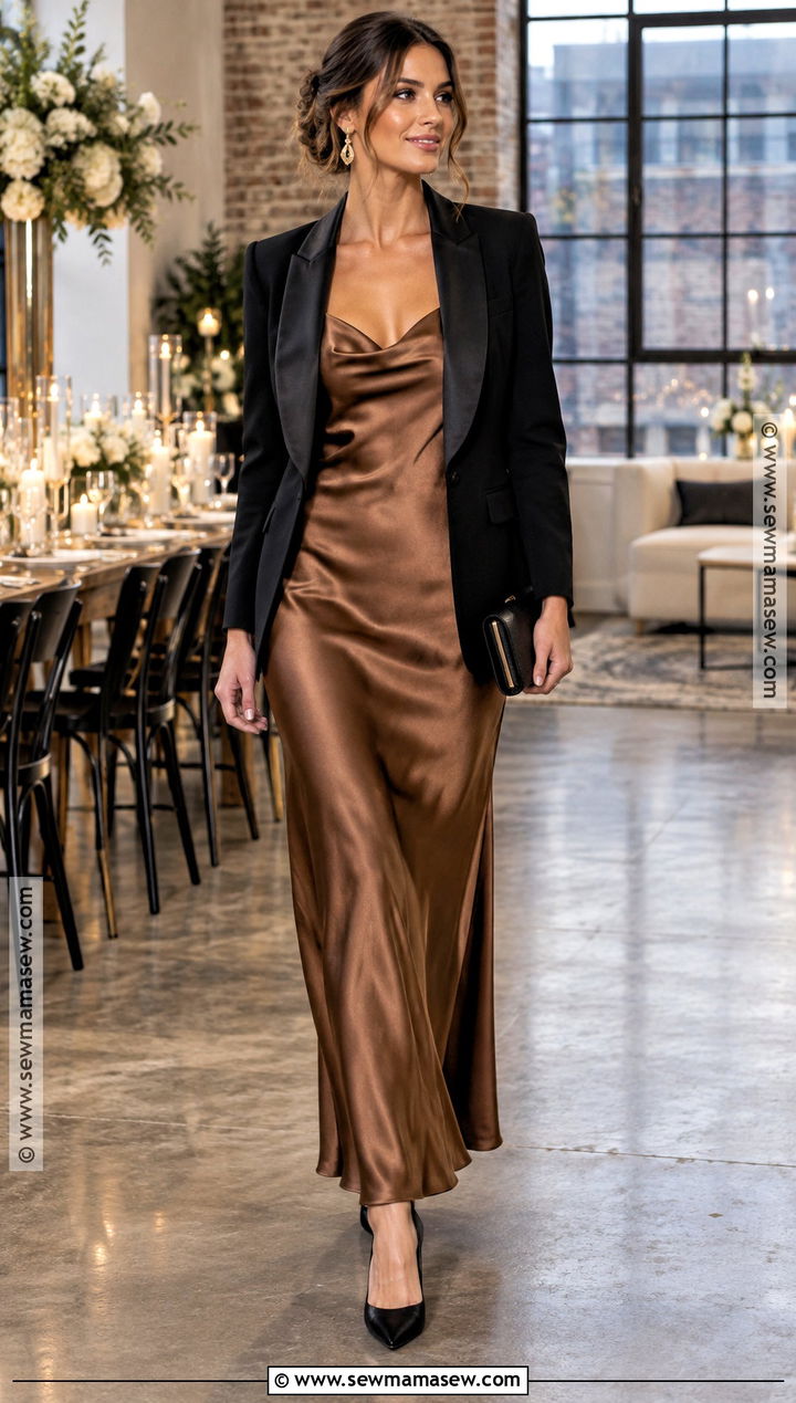 Bronze Slip Dress November Wedding Outfit - 15 November Wedding Outfits