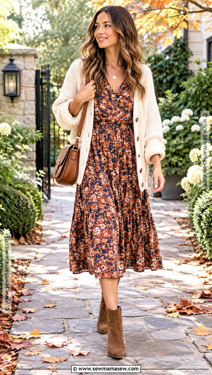 Brown Ankle Boots With Floral Midi Dress And Cardigan - 20 Brown Ankle Boots Outfit Fall