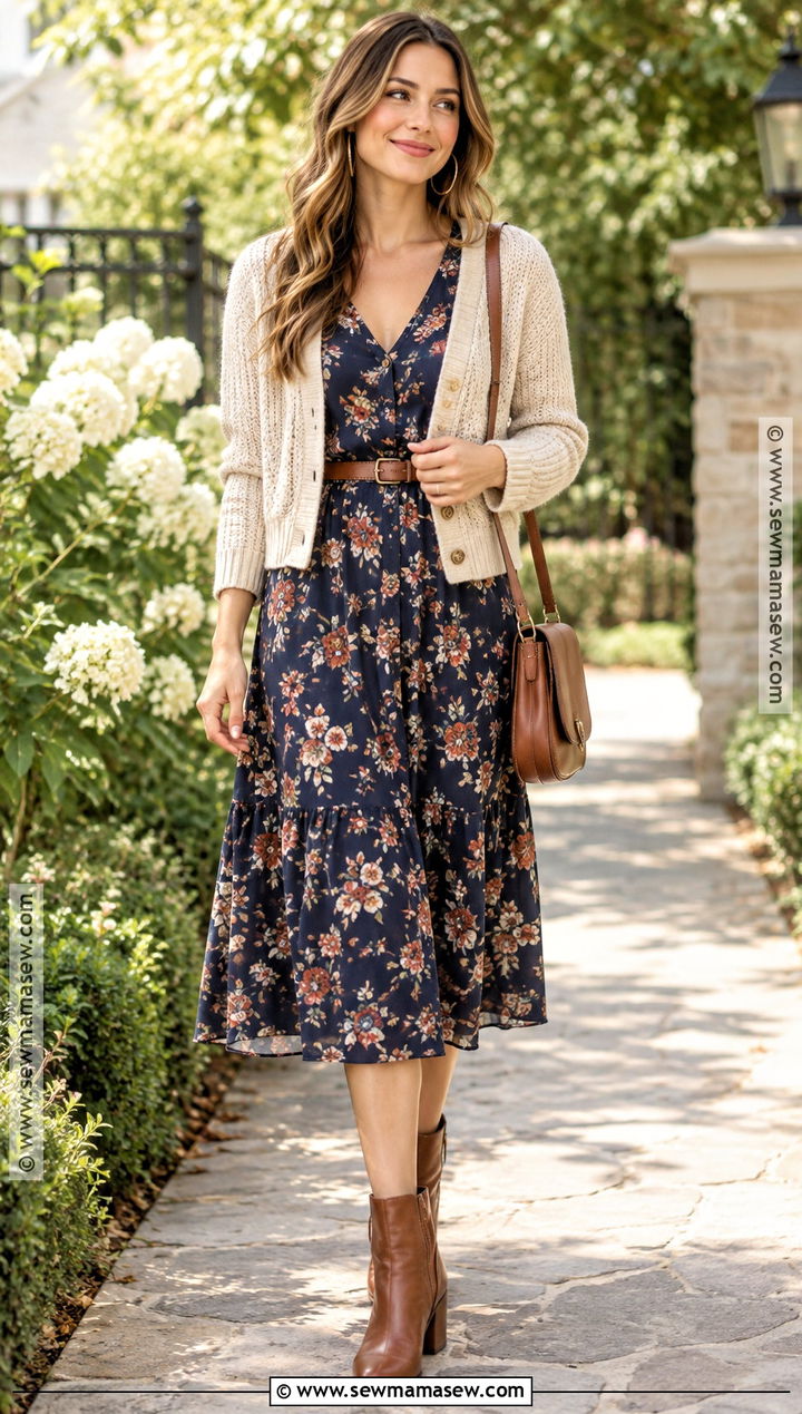 Brown Ankle Boots With Floral Midi Dress And Cardigan - 15 brown ankle boots fall style