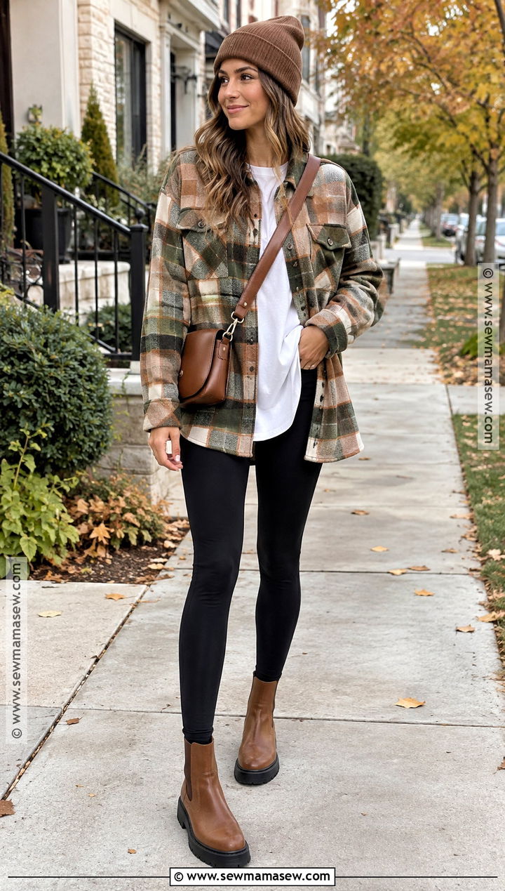 Brown Ankle Boots With Leggings And Oversized Shacket - 20 Brown Ankle Boots Outfit Fall