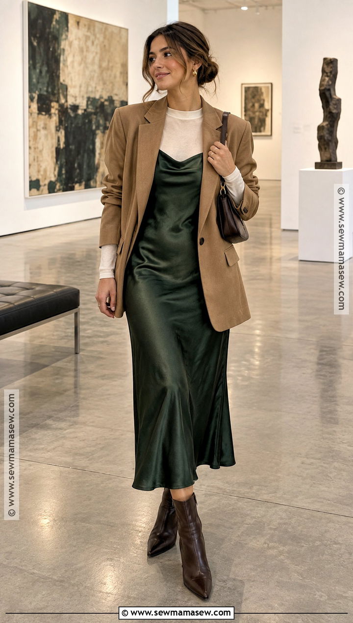 Brown Ankle Boots With Slip Dress And Blazer - 20 Brown Ankle Boots Outfit Fall