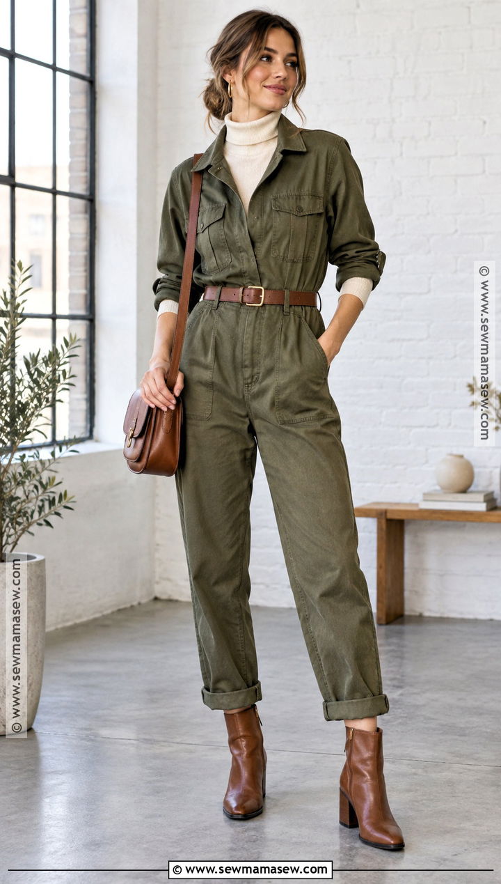 Brown Ankle Boots With Utility Jumpsuit And Belt - 20 Brown Ankle Boots Outfit Fall