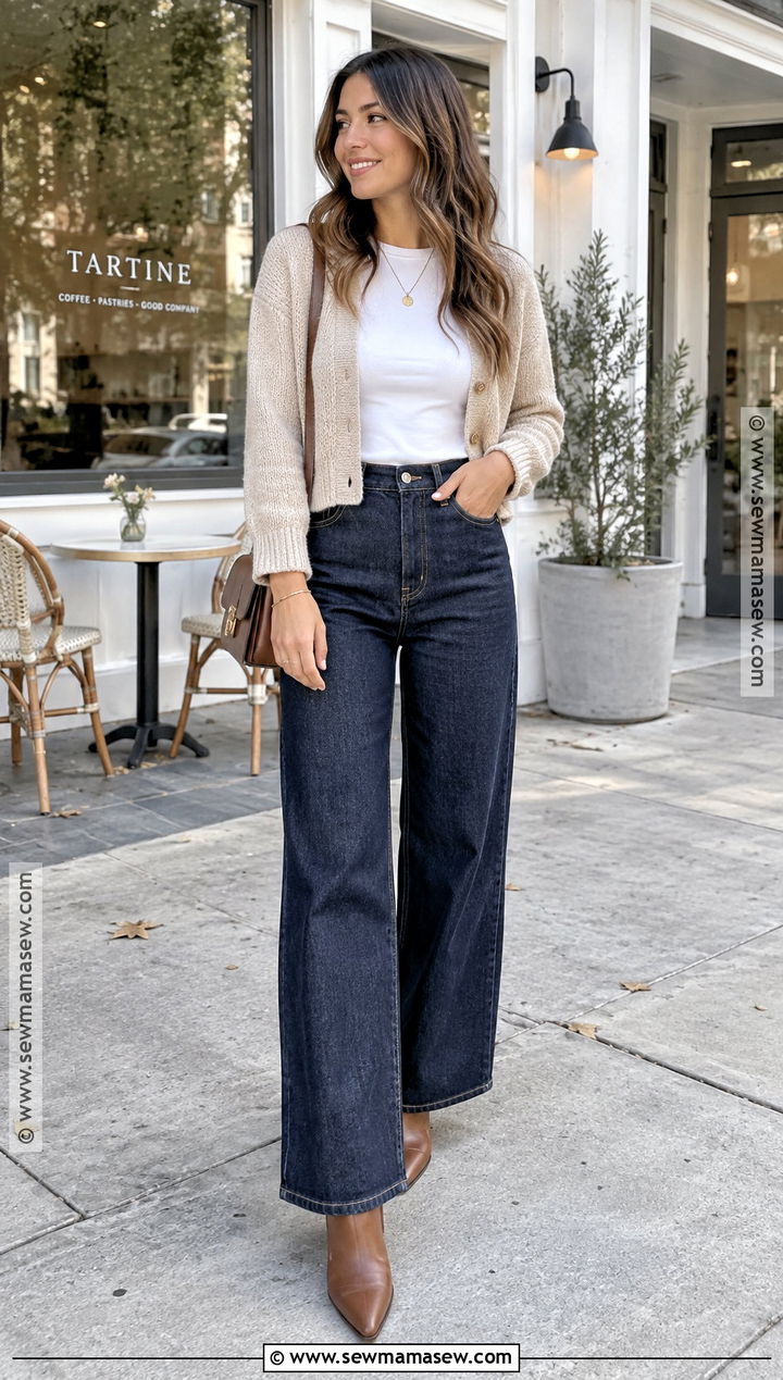 Brown Ankle Boots With Wide Leg Jeans And Cardigan - 20 brown boots fall outfits