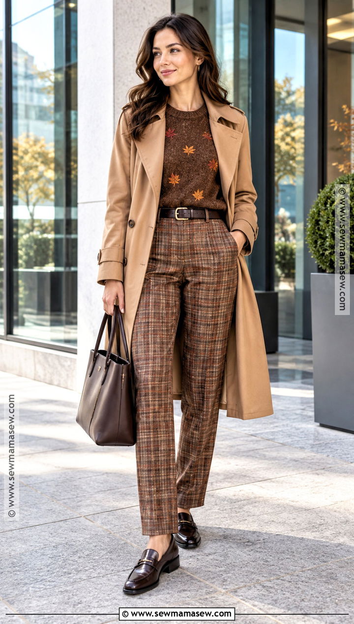 Brown Autumn Leaves Sweater With Plaid Trousers - 15 Autumn Leaves Sweater Ideas
