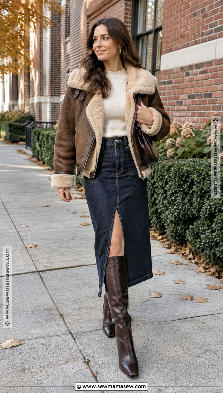 Brown Aviator Jacket With A Denim Midi Skirt - 20 Brown Jacket Fall Outfit Ideas