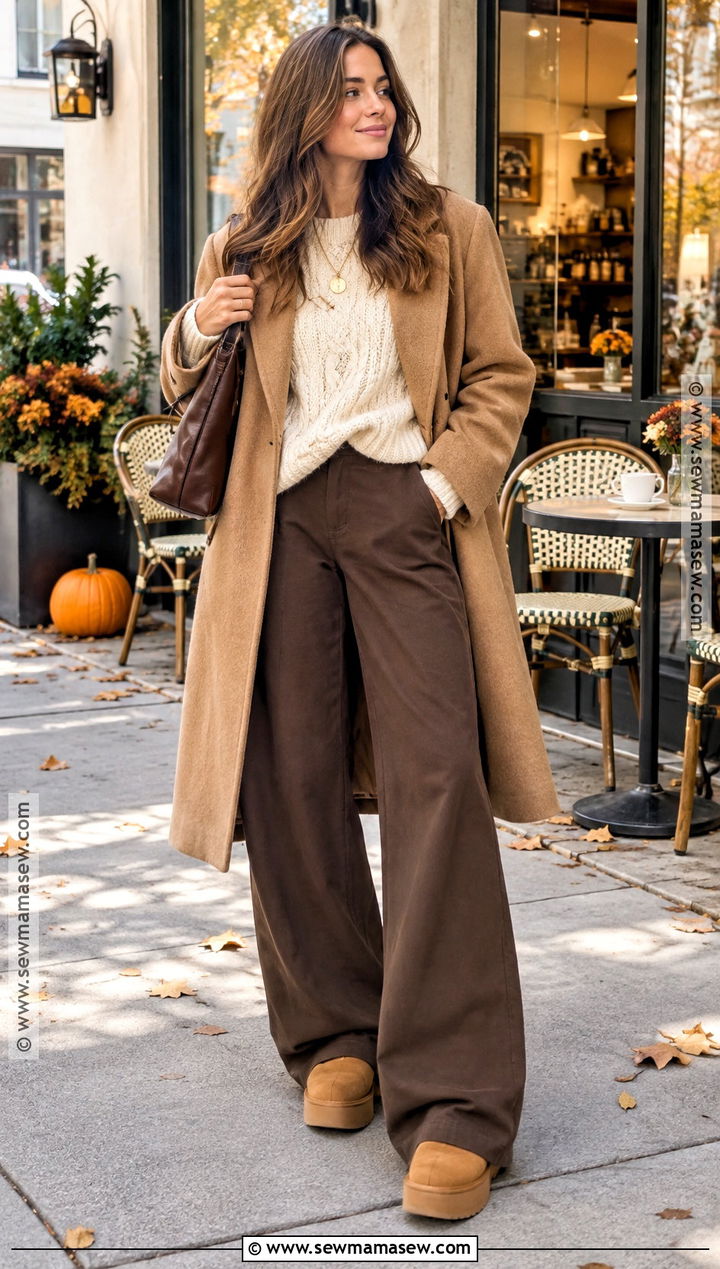 Brown Baggy Pants With Cream Knit And Clogs - 15 Fall Baggy Pants Outfit