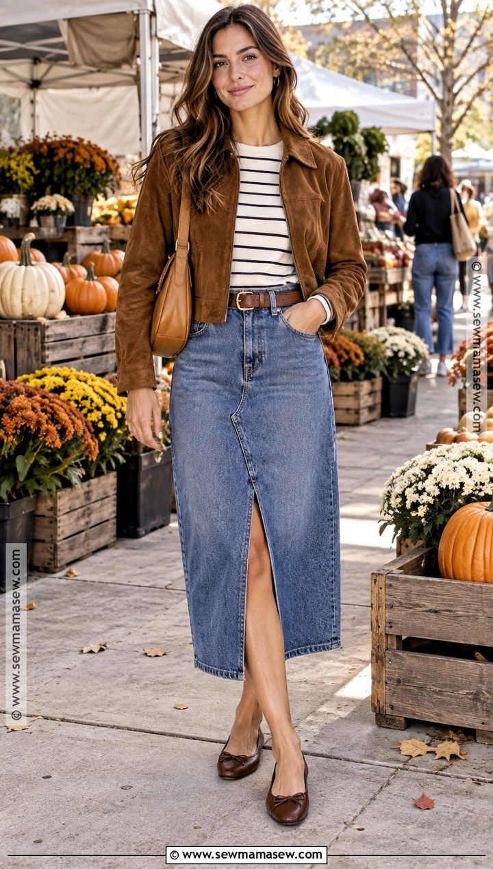 Brown Ballet Flats With A Denim Midi Skirt - 15 fall ballet flats ideas