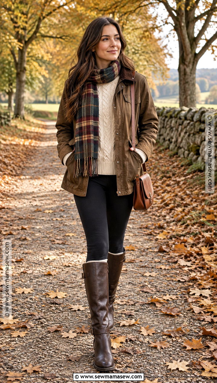Brown Barn Jacket With Leggings And Boots - 20 Brown Jacket Fall Outfit Ideas