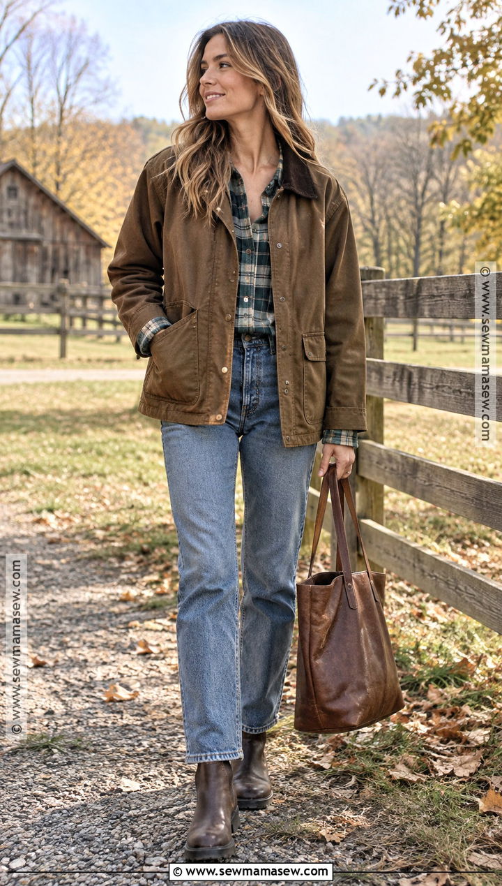 Brown Barn Jacket With Plaid Shirt And Jeans - 20 fall outfits brown jacket