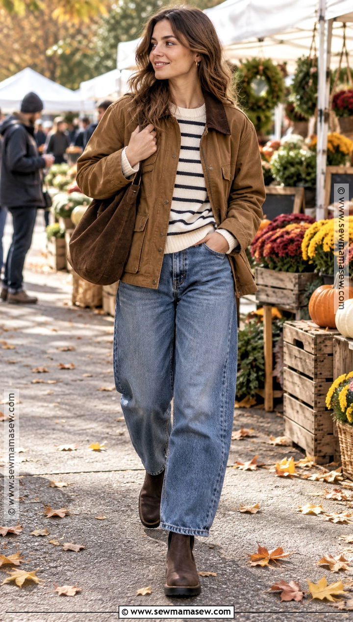 Brown Barn Jacket and Barrel Jeans Outfit - 20 Brown Outfit Autumn Ideas