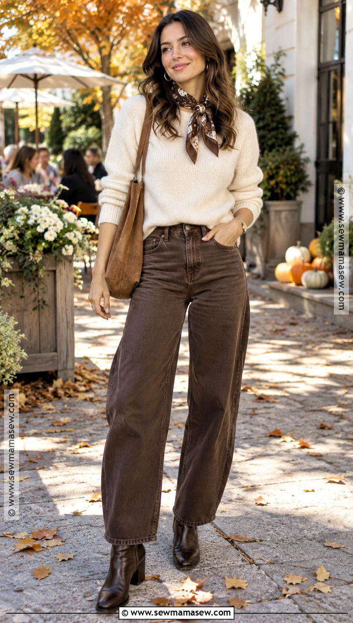 Brown Barrel Jeans With A Cream Sweater - 20 barrel jeans fall outfit
