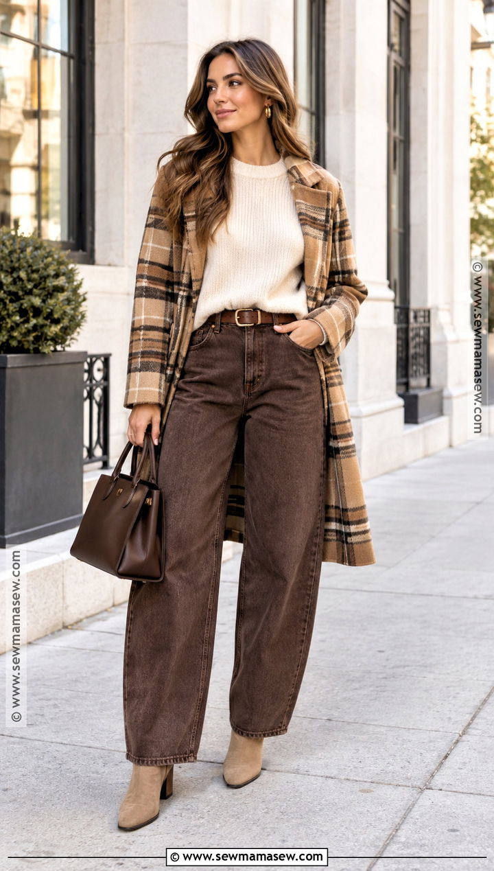 Brown Barrel Jeans With Cream Sweater And Boots - 20 Fall Barrel Jean Outfits