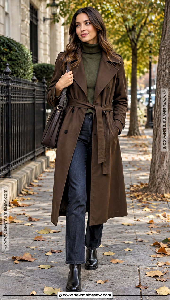Brown Belted Trench Coat With Olive Sweater And Dark Jeans - 15 belted trench coat fall fashion ideas