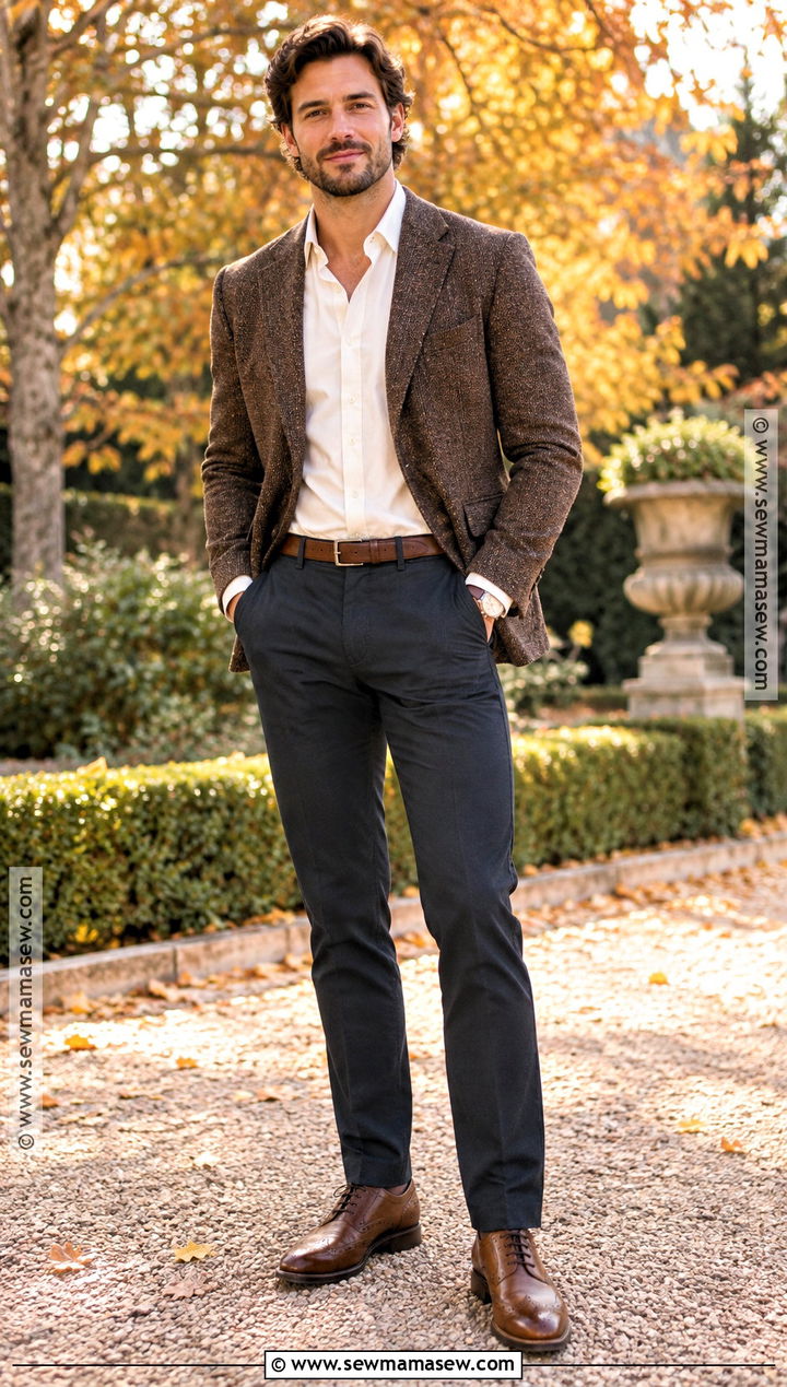 Brown Blazer And Chinos Fall Engagement Outfit - 15 men fall engagement outfit ideas