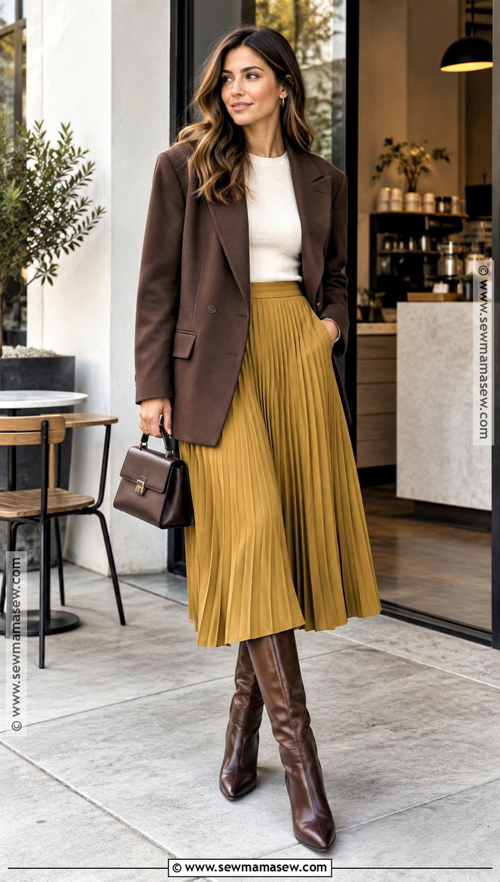 Brown Blazer And Mustard Skirt Outfit - 15 Brown And Yellow Fall Fashion Ideas