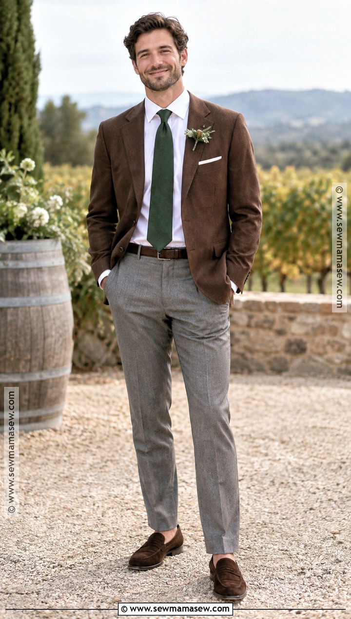 Brown Blazer Groomsmen Outfit With Gray Trousers - 25 fall groomsmen attire ideas